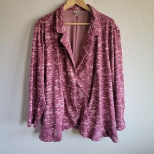 LOGO Lori Goldstein Rum Raisin Pink Camo Ruffle Hem French Terry Blazer Size 3X
